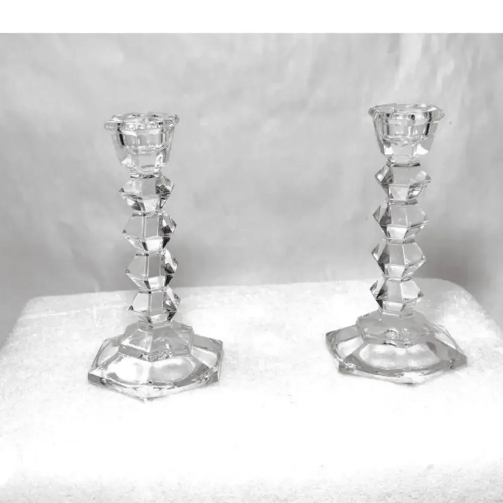 Vintage Faceted Crystal Clear Glass Candlestick Candle Holder Pair Centerpiece